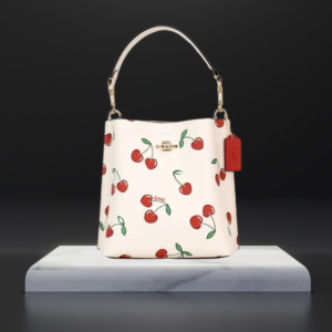 Coach (CF422) Mollie 22 Small Heart Cherry Print Coated Canvas Bucket Handbag