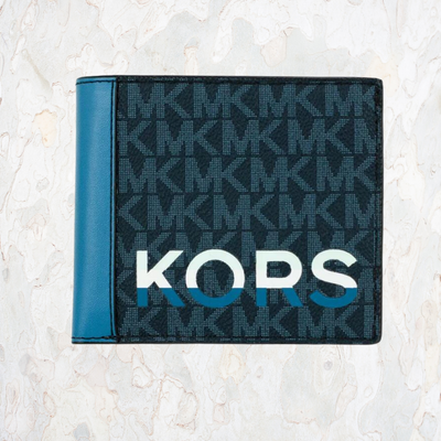 Michael Kors Cooper Blue Signature Leather Graphic Billfold Wallet 